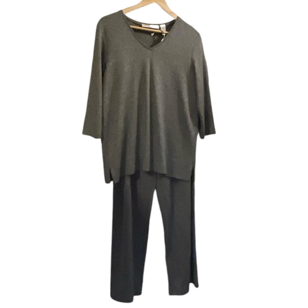 JOSEPHINE CHAUS 2-Piece Petite Gray Loungewear Top & Pants Set V-Neck 3/4 Sleeve